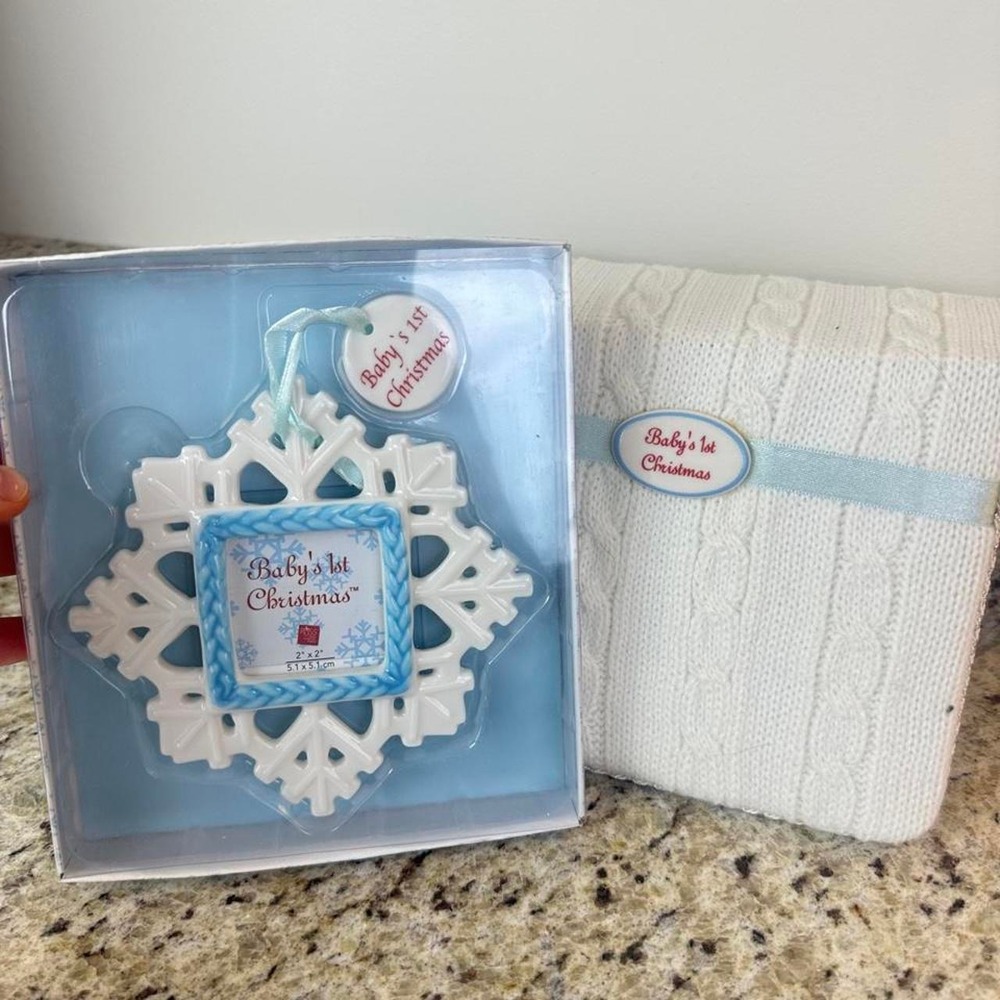 Baby's 1st Christmas Photo Album & Snowflake Ornament Set Cable Knit Keepsake